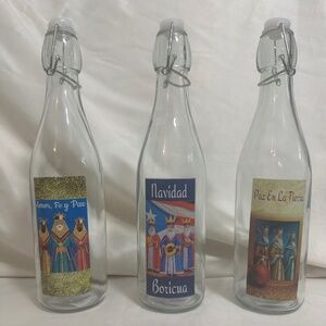 Coquito Bottles Glass 17o/z with Nativity, Three kings and Puerto Rican Flag